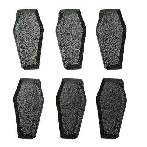 Set of 6 Gothic Black Cast Iron Coffin Drawer Pulls, each 2.5 inches long and 1.5 inches high, ideal for dark decor and gothic style.
