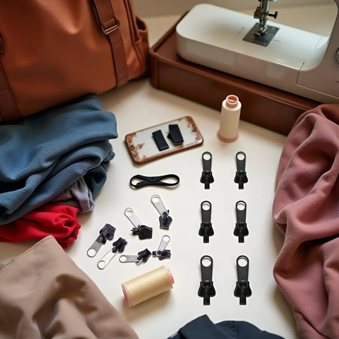 GoTo 12-Piece Black Zipper Puller Repair Kit With Detachable Sliders for Jackets, Coats, Luggage, Backpacks, and Bags displayed on sewing table
