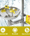 Heavy Duty Combo Emergency Shower Eye Wash Station Standing A Solid Ninety Inches Tall Forged From Premium 304 Stainless Steel Flushes Eyes And Body Works Like A Dream, showcasing dual nozzles and 'PUSH' sign.