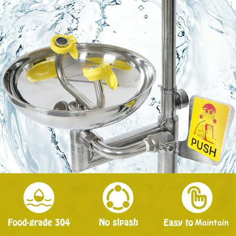 Heavy Duty Combo Emergency Shower Eye Wash Station Standing A Solid Ninety Inches Tall Forged From Premium 304 Stainless Steel Flushes Eyes And Body Works Like A Dream, showcasing dual nozzles and 'PUSH' sign.