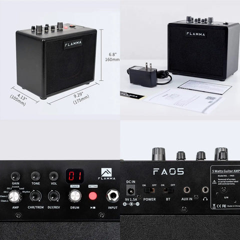 5 Watt Electric Guitar Amplifier Combo With Bluetooth And Headphone Output, 7 Preamp Models, shown with power adapter and controls.