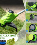 Replacement Spool For Weed Eater String 0.065 Inch 16 Ft Auto Feed Line For Cordless Trimmers Compatible With Greenworks 24V Models Includes 10 Spools And 2 Caps Easy Install, showing installation steps and parts.