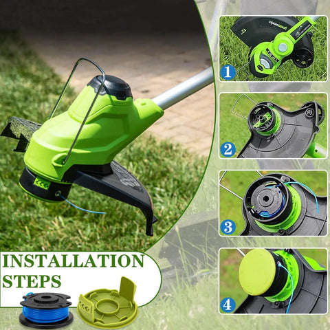 Replacement Spool For Weed Eater String 0.065 Inch 16 Ft Auto Feed Line For Cordless Trimmers Compatible With Greenworks 24V Models Includes 10 Spools And 2 Caps Easy Install, showing installation steps and parts.