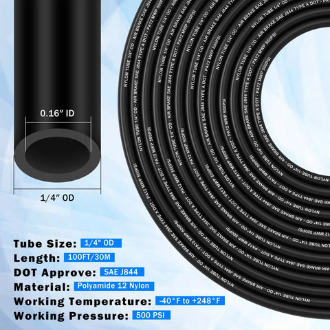 100 Ft One Quarter Inch DOT Air Line Kit With 40 Quick Connect Fittings coiled black hose detailing dimensions and specs