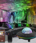 Galaxy Night Light Projector with Remote Control in a living room, featuring 360 Degree Rotating Starry Sky and Ocean Wave effects.