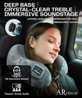 Woman using Bluetooth Music Neck Pillow With Built In Speaker For Travel Sleep On Planes Trains Cars And Buses