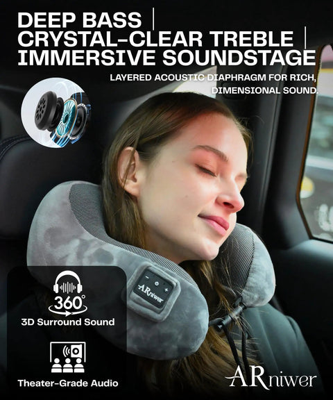 Woman using Bluetooth Music Neck Pillow With Built In Speaker For Travel Sleep On Planes Trains Cars And Buses