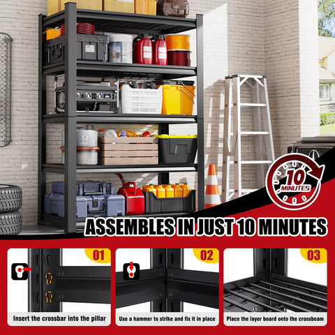 Beefy 5-Tier Wire Garage Shelving Unit With Adjustable Shelves, 2500 Lbs Capacity, Industrial Steel Storage Rack For Shop, Warehouse, Basement, Pantry And Garage Organization in black garage with storage items