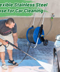 Person using 2 Ft Stainless Steel Garden Hose With Male To Female Connector For Reels And Reel Attachments, Leakproof Leader Hose for car cleaning.