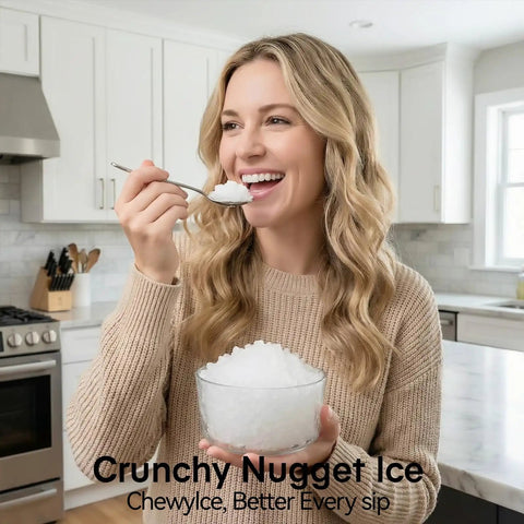 Person enjoying nugget ice from Countertop Nugget Ice Maker Portable Auto Clean With Basket And Scoop Ready In 6 Minutes