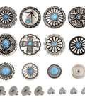 Badass Vintage Turquoise Screw Back Concho Kit For Leather Work And Fabric Sewing 22 Assorted Styles with faux turquoise details.