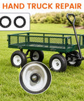 10 Pack Push-On Dolly Wheel Lock Washers for Five-Eighths Inch Dollies Axles shown with handcart on grass, spring steel material.