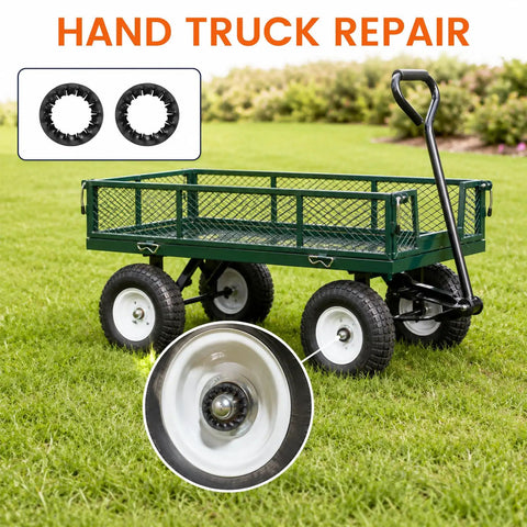 10 Pack Push-On Dolly Wheel Lock Washers for Five-Eighths Inch Dollies Axles shown with handcart on grass, spring steel material.