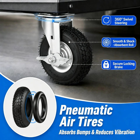 10 Inch Heavy Duty Pneumatic Caster Wheels With Secure Brake Set Of Four Featuring Two Swivel And Two Rigid Units for smooth mobility.