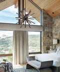 9 Light Sputnik Pendant Light Black With Natural Wood Shade Industrial Farmhouse Vibe Ceiling Fixture in modern bedroom