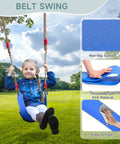 Child on Two In One Backyard Swing Set With Platform And Belt Swings, Sturdy As Heck Heavy Duty Metal Frame with focus on blue swing