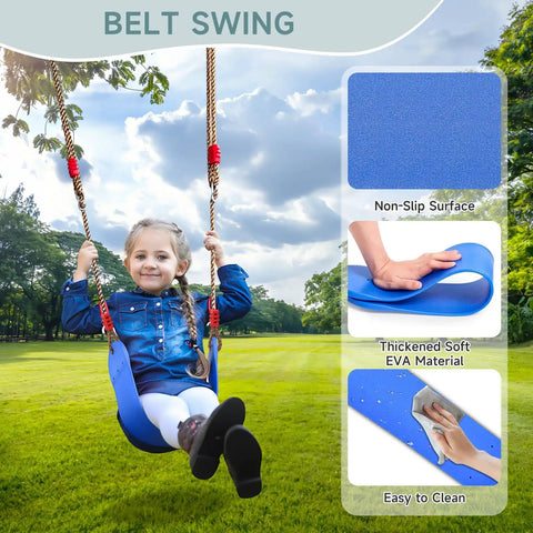 Child on Two In One Backyard Swing Set With Platform And Belt Swings, Sturdy As Heck Heavy Duty Metal Frame with focus on blue swing
