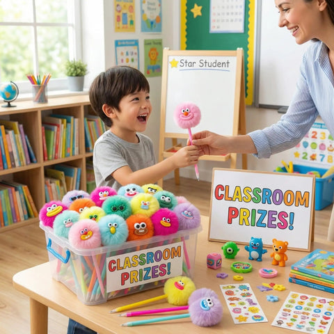 Fluffy Pom Pom Pens 24 Pack Cute Plush Kawaii Novelty Pens for Kids and Adults Soft Face Fun Pens for Desk School Office Supplies Classroom Rewards Party Favors Gift Ideas displayed in a classroom setting.
