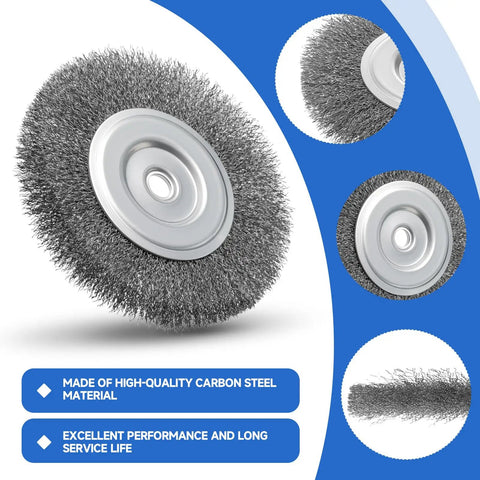 Six Pack Six Inch Carbon Steel Wire Wheel Brushes For Bench Grinders With Half To Five Eighth Arbor showing detail of bristle construction.
