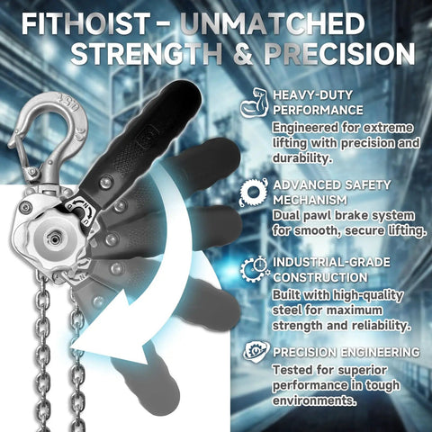Beefy Mini Lever Hoist 1/2 Ton Come Along With 10 Ft Lift Aluminum Alloy Chain Hoist G80 Safety Hook shown with performance features