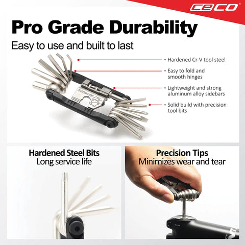 Pro Grade 20 Function Bike Tool With Chain Breaker heavy duty CR-V steel, compact design, highlighting durability and precision.