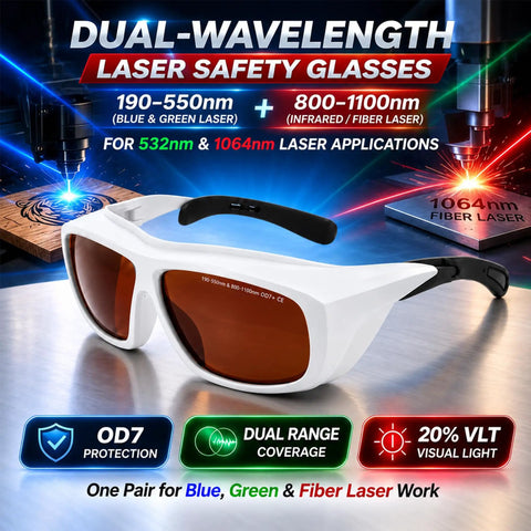 Badass Fiber Laser Safety Glasses Packing OD7 Protection For 532Nm And 1064Nm Waves, dual-wavelength with white frames and tinted lenses.