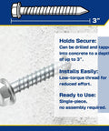 Three Eighth Inch By Three Inch Large Diameter Concrete Screw 25 Pack Beefy Heavy Duty Concrete Anchors for Brick Block