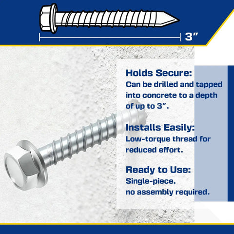 Three Eighth Inch By Three Inch Large Diameter Concrete Screw 25 Pack Beefy Heavy Duty Concrete Anchors for Brick Block