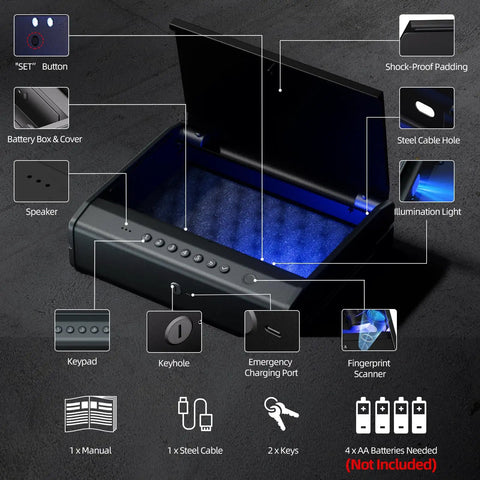 Biometric Gun Safe With Fingerprint Scanner And Raised Backlit Keypad Secures Two To Four Pistols showing interior features and security elements.