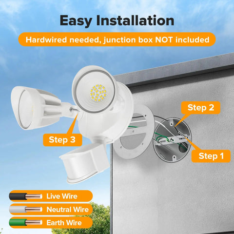 Heavy Duty Dual Head Motion Sensor Led Security Flood Light For The Block 27 Watt 3500 Lumens Knockout Daylight Beam Ip65 Weather Resistant Outdoor Spotlight For Garage And Driveway
