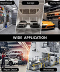 Multiple applications of a 12 Ton Hydraulic Shop Press With Movable Plates And Adjustable Height H Frame For Garage Floor Use Tough As Nails Heavy Duty Auto Repair Metal Bending And Straightening Overload Protection Black, displayed in warehouses, garages, home repair, repair depot, and workshops.