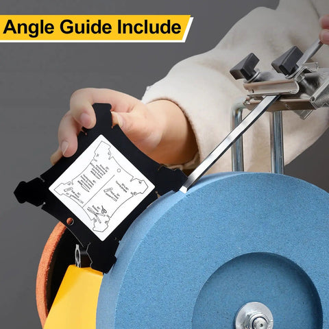 Close-up of Dual Wheel Knife Sharpening System With 10 Inch 220 Grit Wheel And 8 Inch Leather Honing Wheel in use with angle guide.