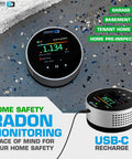 Heavy Hitter Radon Detector For Homeowners Featuring Upgraded Version 2.0 with LCD display on a speckled surface.