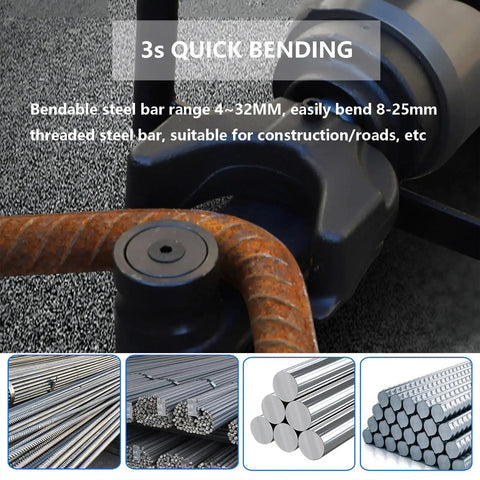 Badass Heavy Duty Electric Hydraulic Rebar Bender With Double Handles And Work Gloves Plus Straight Up Pro Level Portable Steel Cutter and Pipe Bending Tool That Knocks Out Precise Angles On Site, features bending steel bar range 4-32mm.