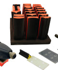 Pneumatic Line Profile Sander Kit With 21-Piece Set And 14 Profile Blocks, flat base components, and hard shell case handles.