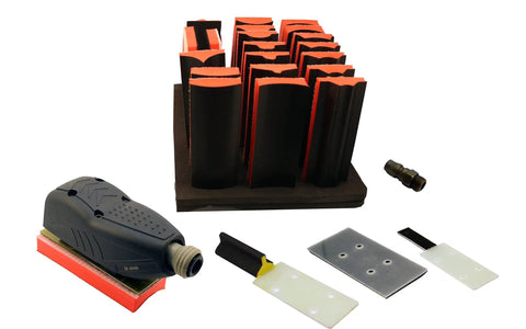 Pneumatic Line Profile Sander Kit With 21-Piece Set And 14 Profile Blocks, flat base components, and hard shell case handles.