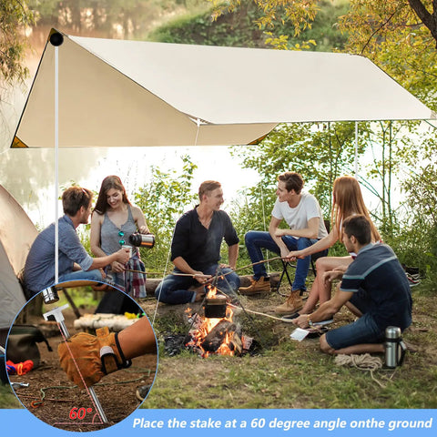 Group camping under shelter with Beach Tent Poles Replacement 6.56 Ft Foldable Aluminum Alloy Tarp Poles With Ground Stakes
