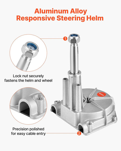 Boat Steering System Kit With 17 Ft Outboard Steering Cable And Aluminum Alloy Helm, detailed view of aluminum helm.