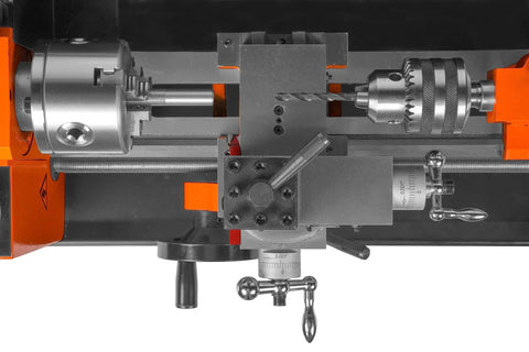 Close-up of the 7 By 12 Inch Benchtop Metal Lathe with Variable Speed and Two Direction Control 100 to 2500 RPM Thread Dial.