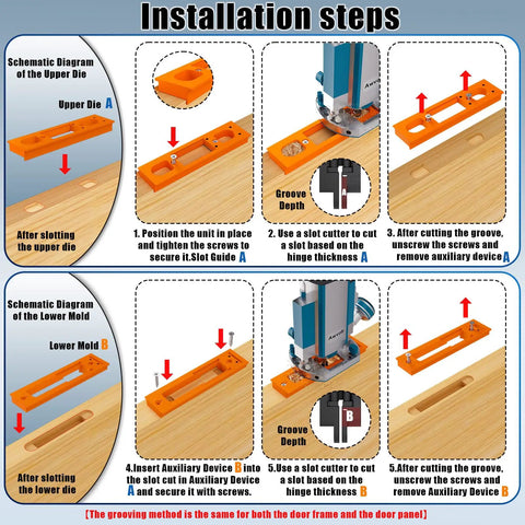 Installation diagram for Heavy Duty Hidden Door Hinges With Mold showing setup for upper and lower dies.