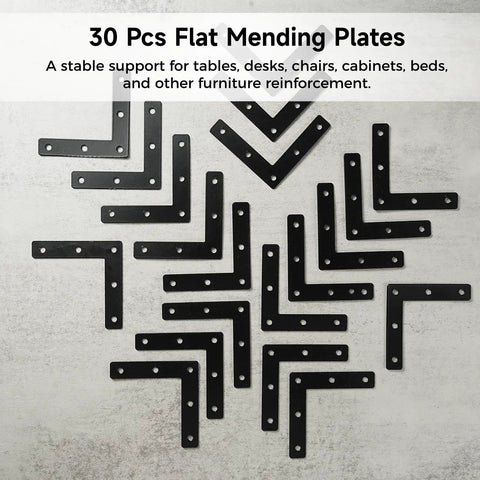 Complete Flat Corner Braces Set For DIY Furniture Repair Three Eighths Inch Right Angle Black Brackets arranged on table