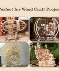 Collage of four wooden basswood craft models built from 12x12x1/16 inch sheets (airship, globe frame, gear clock, city sculpture).