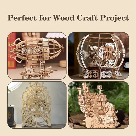 Collage of four wooden basswood craft models built from 12x12x1/16 inch sheets (airship, globe frame, gear clock, city sculpture).