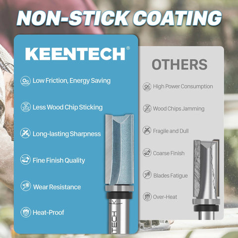 KEENTECH flush-trim router bit with 1/4 in shank, carbide-tipped top bearing, 1/2 in diameter, 1 in depth