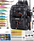 Camo Fishing Backpack With Tackle Box Kit And Rod Holders, Water Resistant Sling Tackle Bag, 147 Baits, Tools Displayed