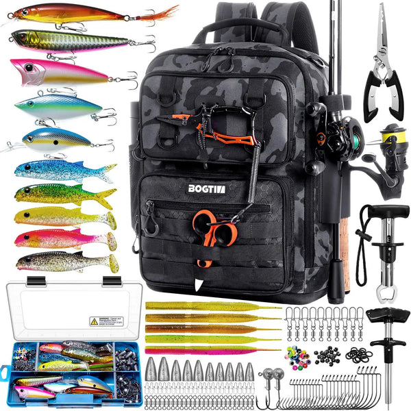 Camo Fishing Backpack With Tackle Box Kit And Rod Holders ✓