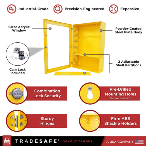 Heavy Duty Lockout Tagout Cabinet Wall Mount LOTO Storage Box Built Like A Tank With Twenty Two Shackle Holders showing interior features and adjustable shelves.