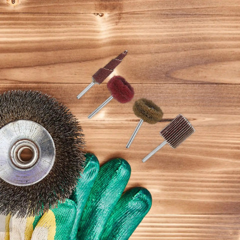 Go-To 50-Piece Double Layer Flap Sanding Wheel Set For Drill displayed on wood with gloves