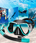 Dry Snorkel Set With Panoramic Wide View Anti Fog Mask For Adults And Kids, Leaks Free Scuba Gear displayed on ocean floor