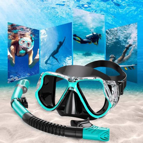 Dry Snorkel Set With Panoramic Wide View Anti Fog Mask For Adults And Kids, Leaks Free Scuba Gear displayed on ocean floor